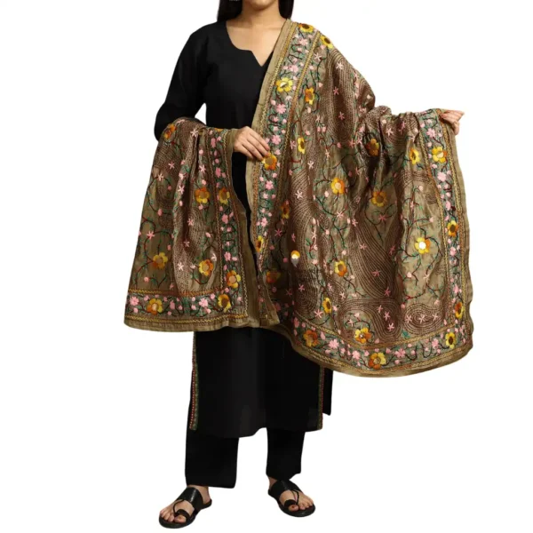 Sepia Brown Ranihati Chanderi Silk Punjabi Phulkari Dupatta