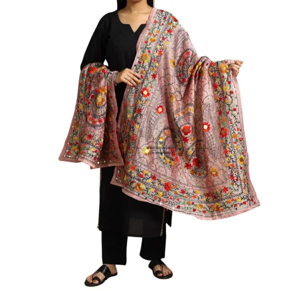 Spanish Pink Ranihati Chanderi Silk Punjabi Phulkari Dupatta