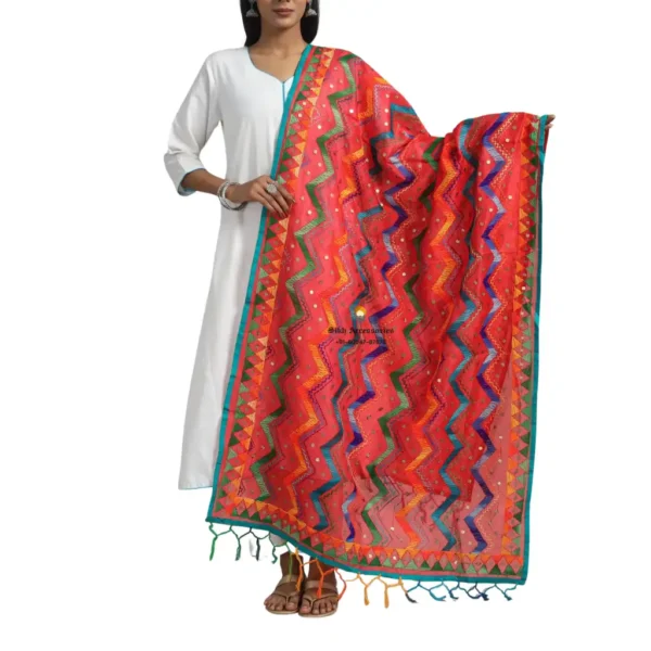 Strawberry Pink Ranihati Chanderi Silk Punjabi Phulkari Dupatta