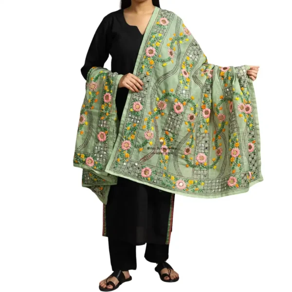 Tea Green Ranihati Chanderi Silk Punjabi Phulkari Dupatta