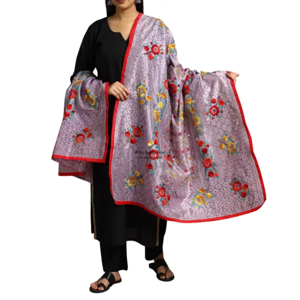 Thistle Purple Ranihati Chanderi Silk Punjabi Phulkari Dupatta