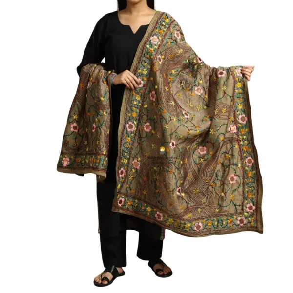 Tortilla Brown Ranihati Chanderi Silk Punjabi Phulkari Dupatta