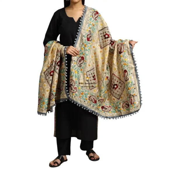 Vanilla Ranihati Chanderi Silk Punjabi Phulkari Dupatta
