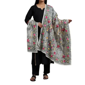 White Ranihati Chanderi Silk Punjabi Phulkari Dupatta