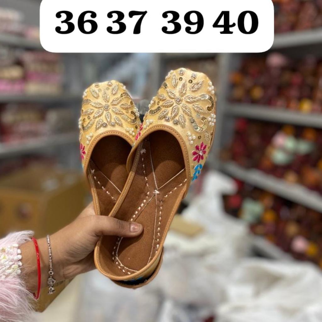Golden Base With Pearl Embroidery Punjabi Jutti For Women