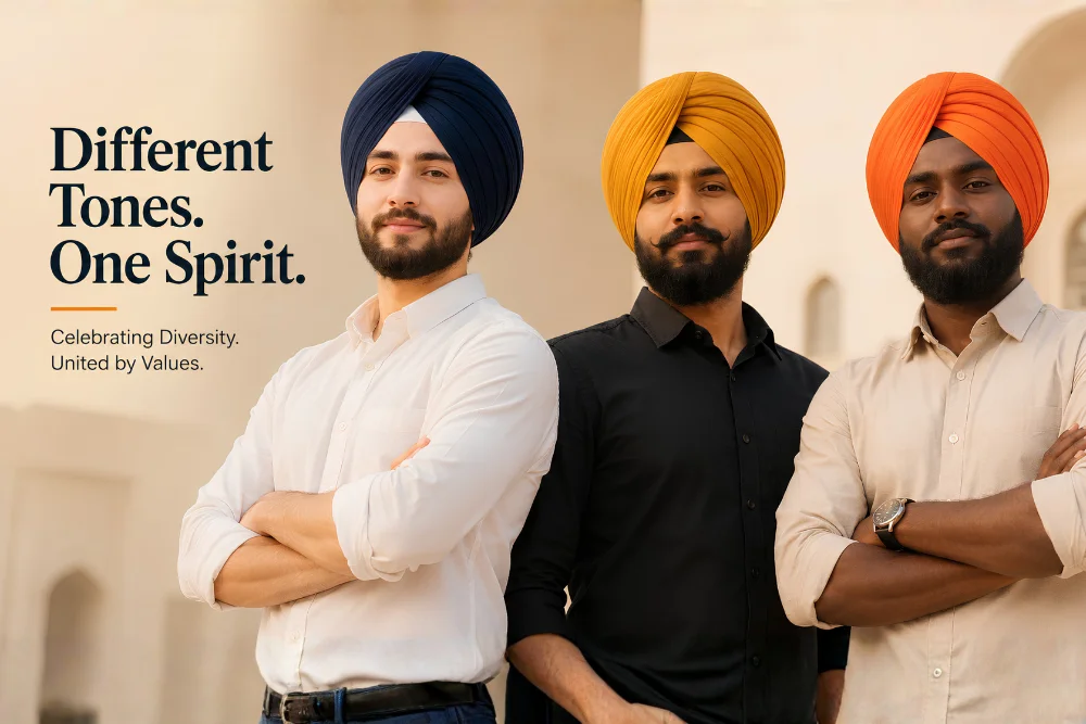Three Sikh men with different skin tones wearing turban colours that suit them