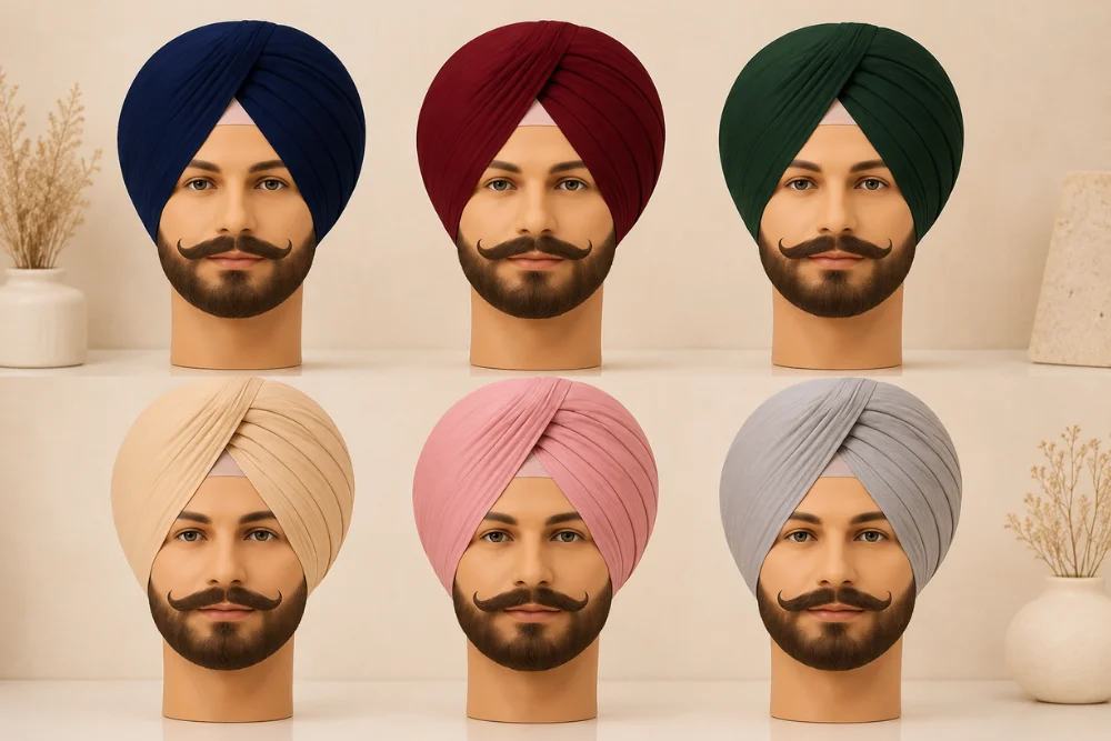 Sikh men wearing trending 2026 turban colors including navy blue, saffron, wine and mustard