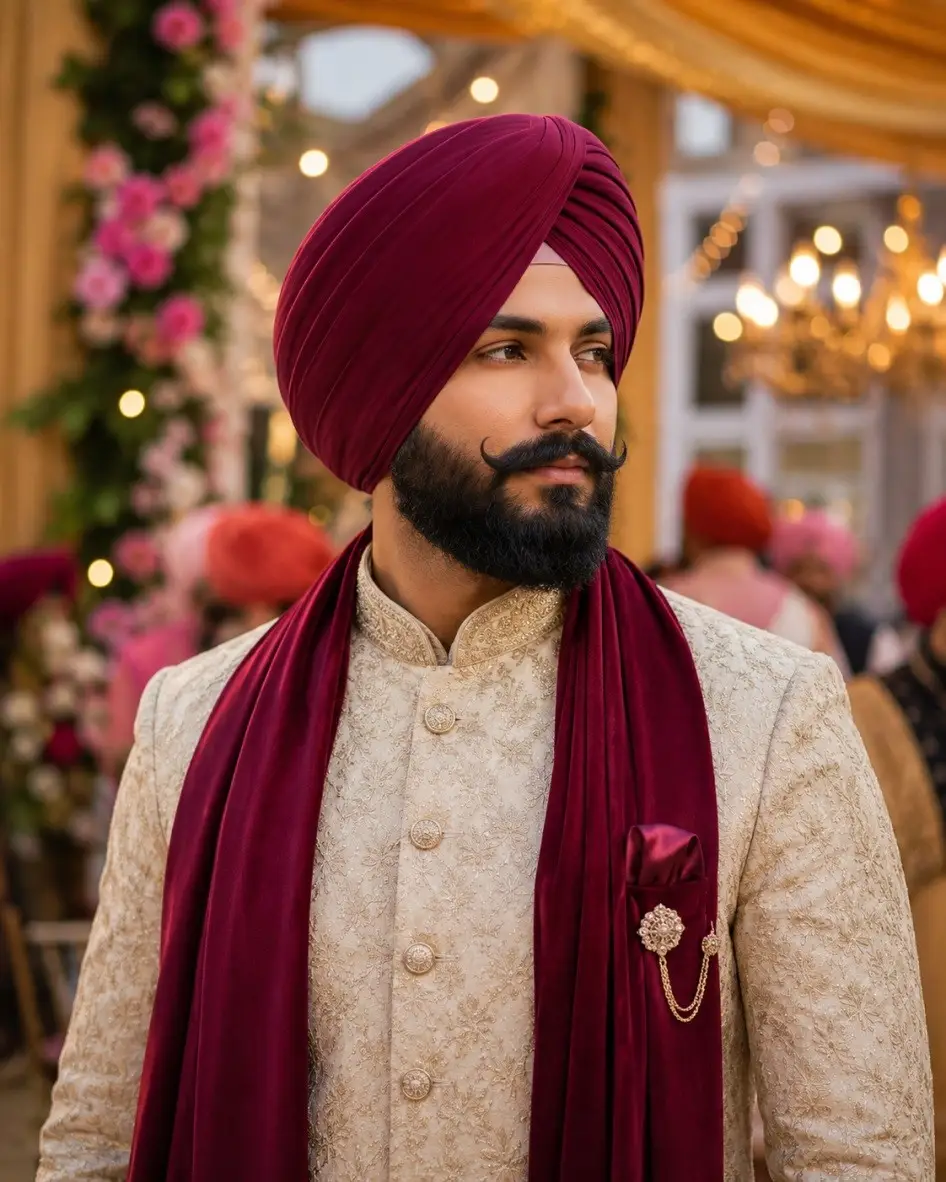 Sikh groom wearing trending wine colored turban at 2026 wedding function