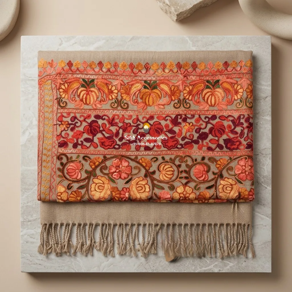 Beige Unisex Shawl with Multicolor Floral Embroidery