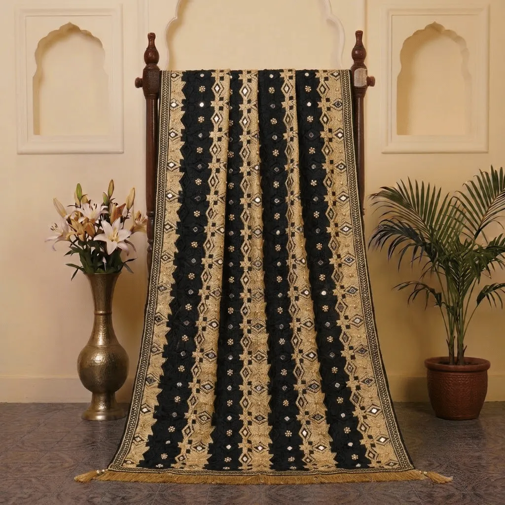 Black & Gold Heavy Work Punjabi Wedding Phulkari Dupatta