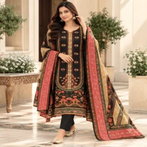 Black & Multi-Color Crepe Printed Readymade Straight Suit Set