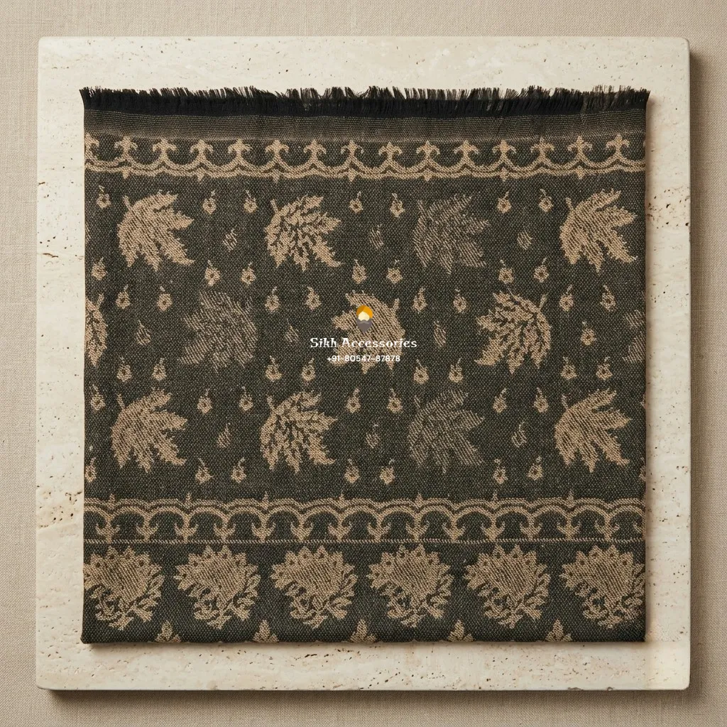Black Pashmina Shawl with Beige Woven Chinar Leaf Pattern