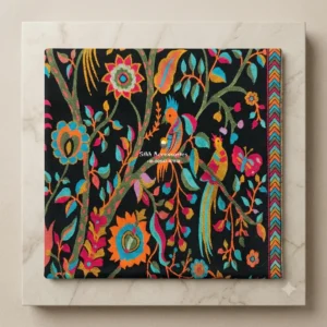 Black Pashmina Shawl with Multicolor Woven Bird & Floral Pattern