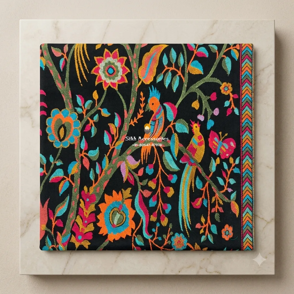Black Pashmina Shawl with Multicolor Woven Bird & Floral Pattern