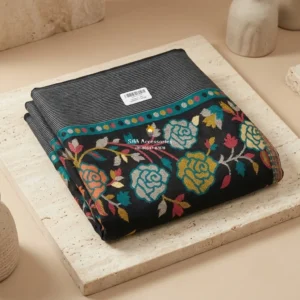 Black Pashmina Shawl with Multicolor Woven Floral Pattern