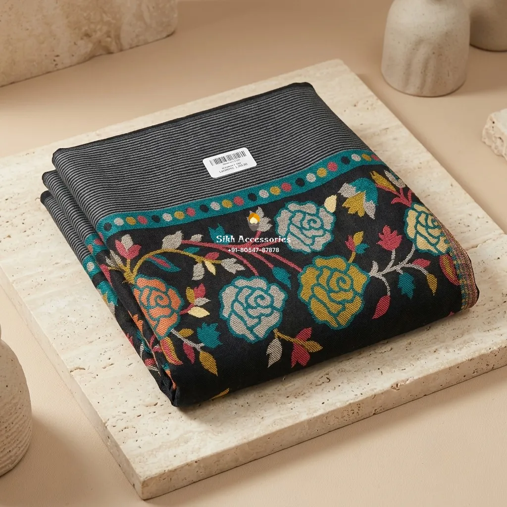 Black Pashmina Shawl with Multicolor Woven Floral Pattern