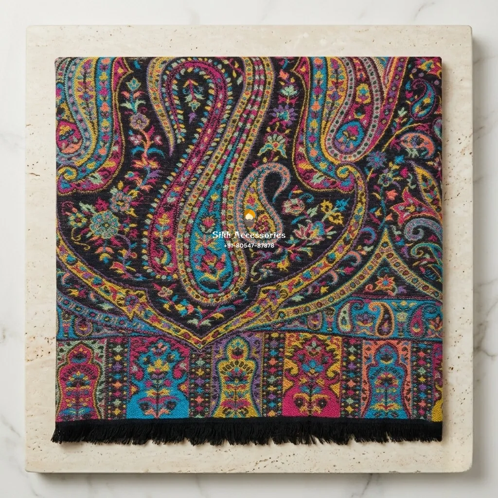 Black Pashmina Shawl with Multicolor Woven Paisley Pattern