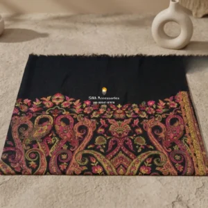 Black Pashmina Shawl with Pink & Olive Woven Paisley Pattern