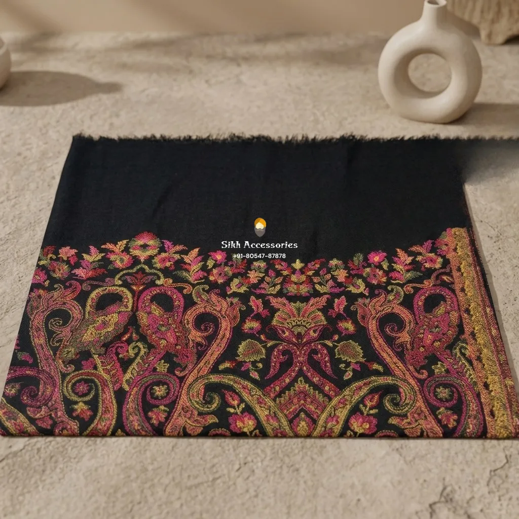 Black Pashmina Shawl with Pink & Olive Woven Paisley Pattern