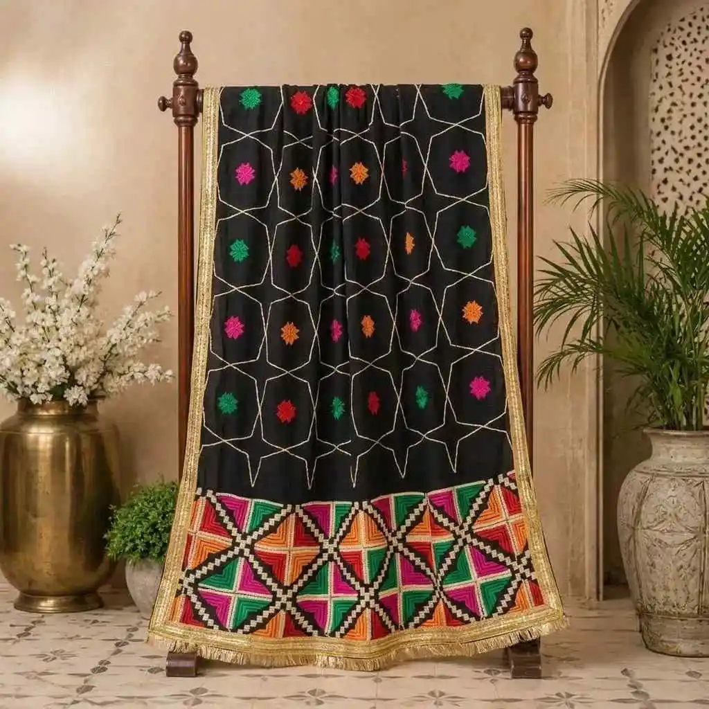 Black Punjabi Traditional Heavy Work Wedding Phulkari