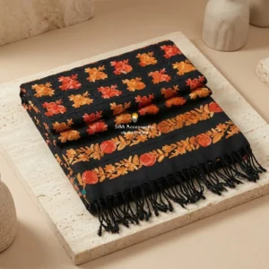 Black Unisex Shawl with Multicolor Floral Embroidery