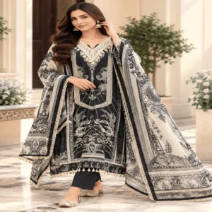 Black & White Muslin Printed Readymade Straight Suit Set