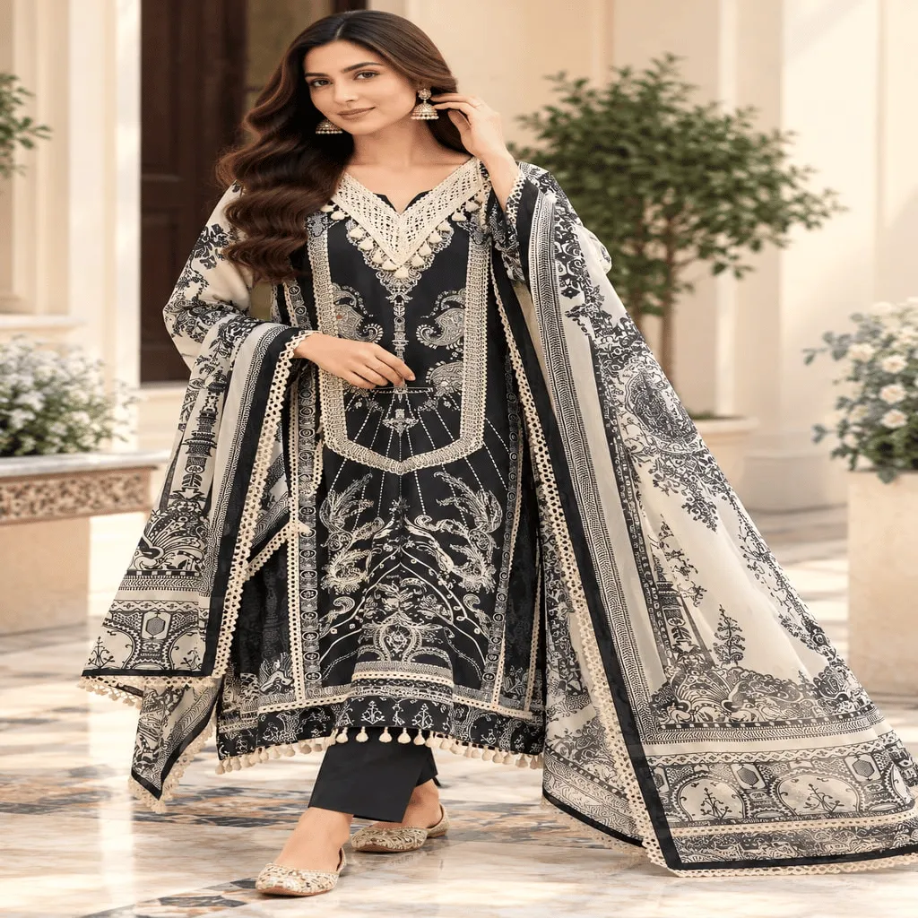 Black & White Muslin Printed Readymade Straight Suit Set