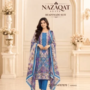 Blue & Purple Mulmul Cotton Printed Readymade Straight Suit Set
