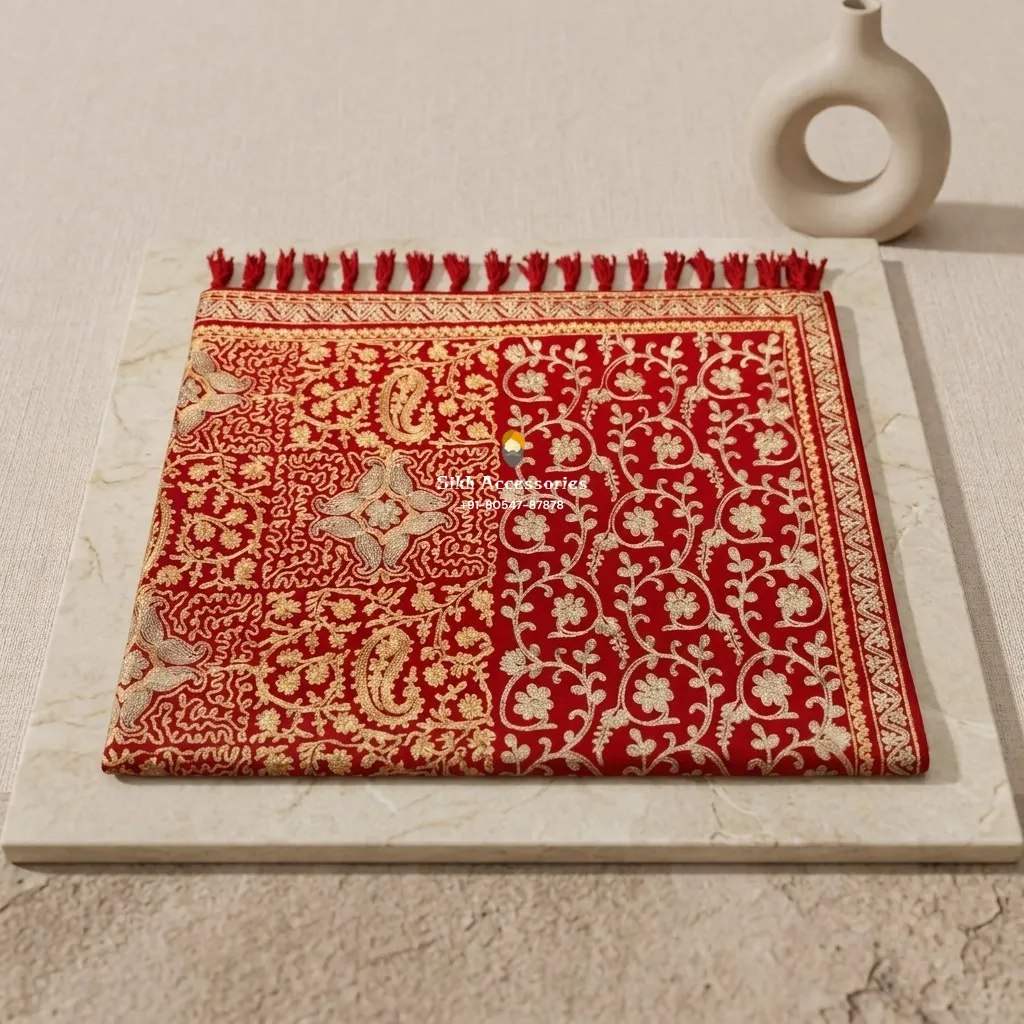Bridal Red Pashmina Shawl with Gold Floral Embroidery