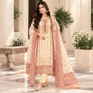 Cream & Pink Printed Muslin Readymade Straight Suit Set