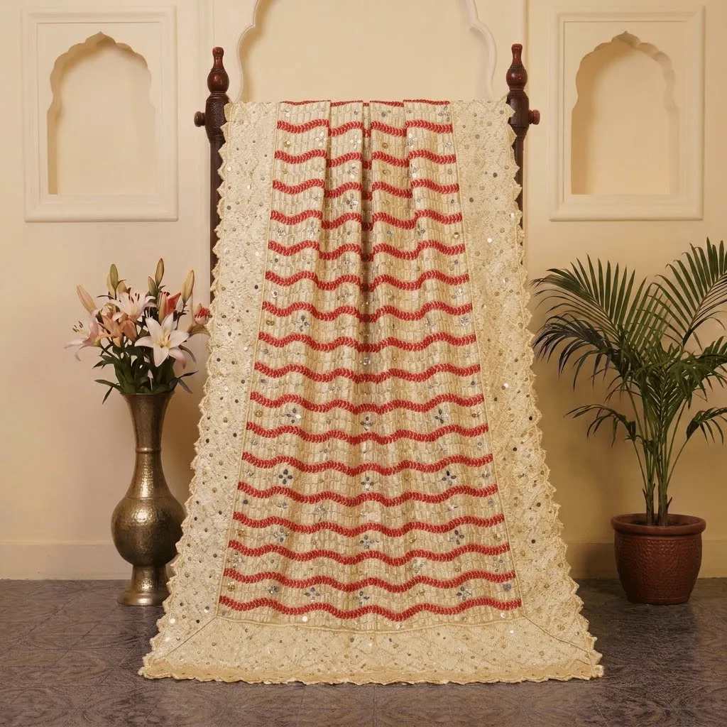 Cream & Red Heavy Work Punjabi Wedding Phulkari Dupatta