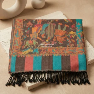 Dark Brown Pashmina Shawl with Woven Figurine Pattern