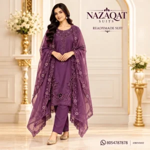 Deep Plum Muslin Embroidered Readymade Straight Suit Set