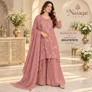 Dusty Rose Mul Cotton Embroidered Readymade Sharara Suit Set