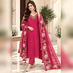 Fuchsia Pink MullCotton Embroidered Readymade Straight Suit Set