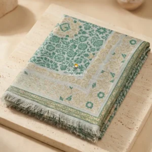 Green Pashmina Shawl with Gold Woven Floral Pattern