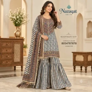 Grey & Blue Crepe Striped Embroidered Readymade Sharara Suit Set