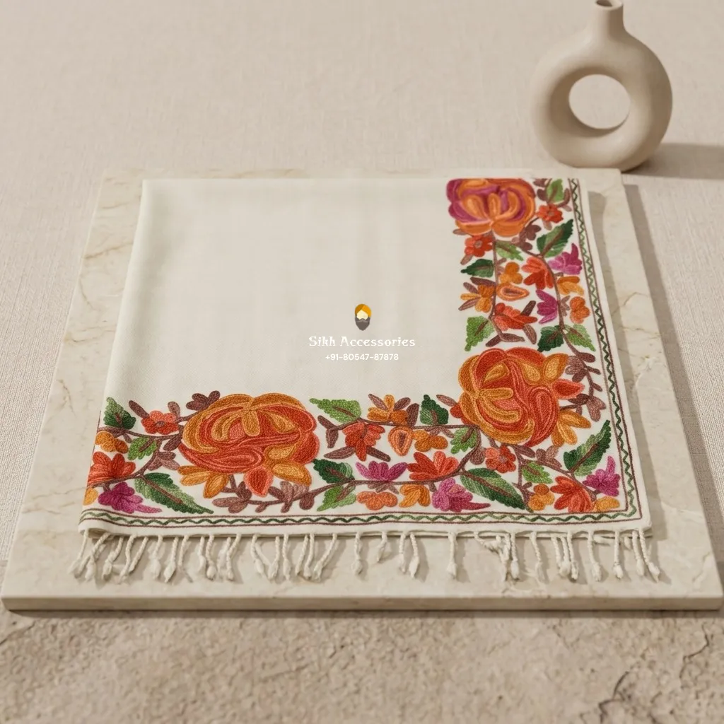 Ivory Pashmina Shawl with Vibrant Floral Kashmiri Embroidery