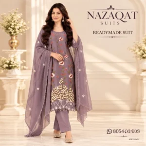 Lavender Muslin Silk Embroidered Readymade Straight Suit Set