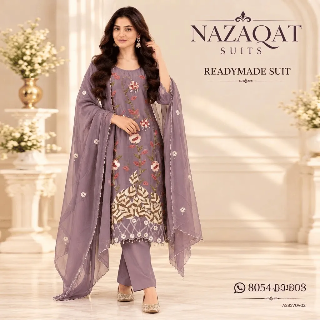 Lavender Muslin Silk Embroidered Readymade Straight Suit Set
