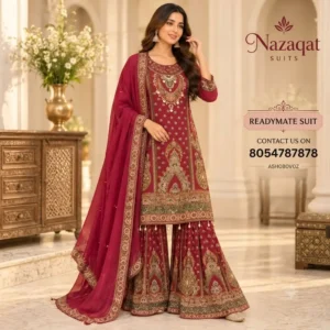 Maroon Crepe Printed & Embroidered Readymade Sharara Suit Set with Dupatta