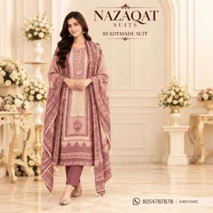 Mauve & Beige Printed Muslin Readymade Straight Suit Set