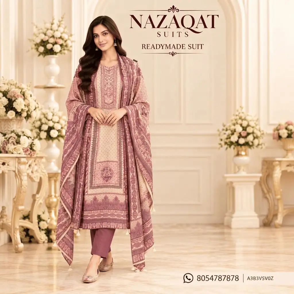 Mauve & Beige Printed Muslin Readymade Straight Suit Set