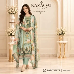 Mint Green Floral Muslin Printed Readymade Straight Suit Set