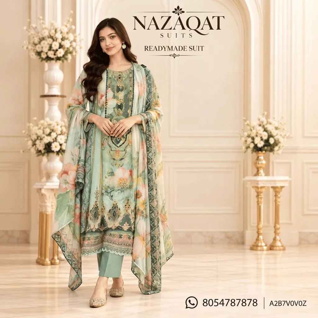 Mint Green Floral Muslin Printed Readymade Straight Suit Set