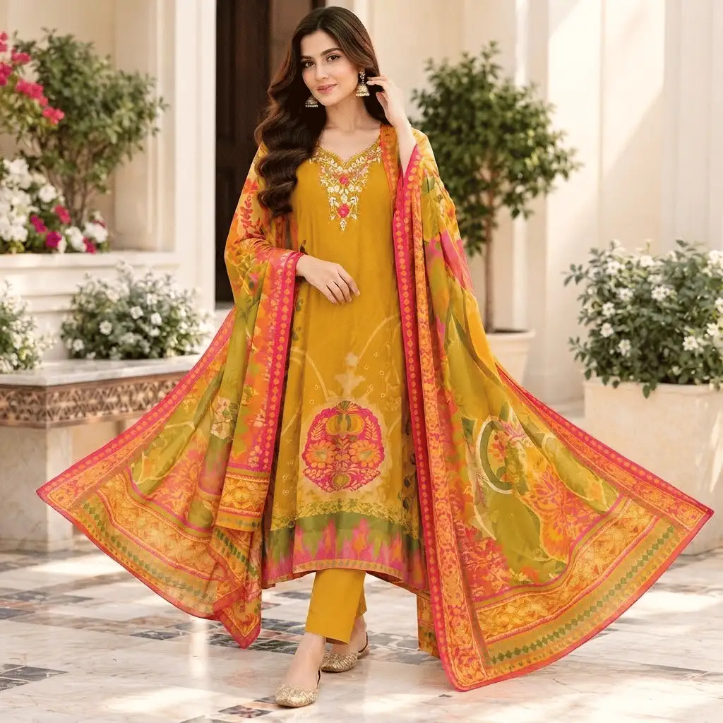 Mustard Yellow Crepe Embroidered Readymade Straight Suit Set