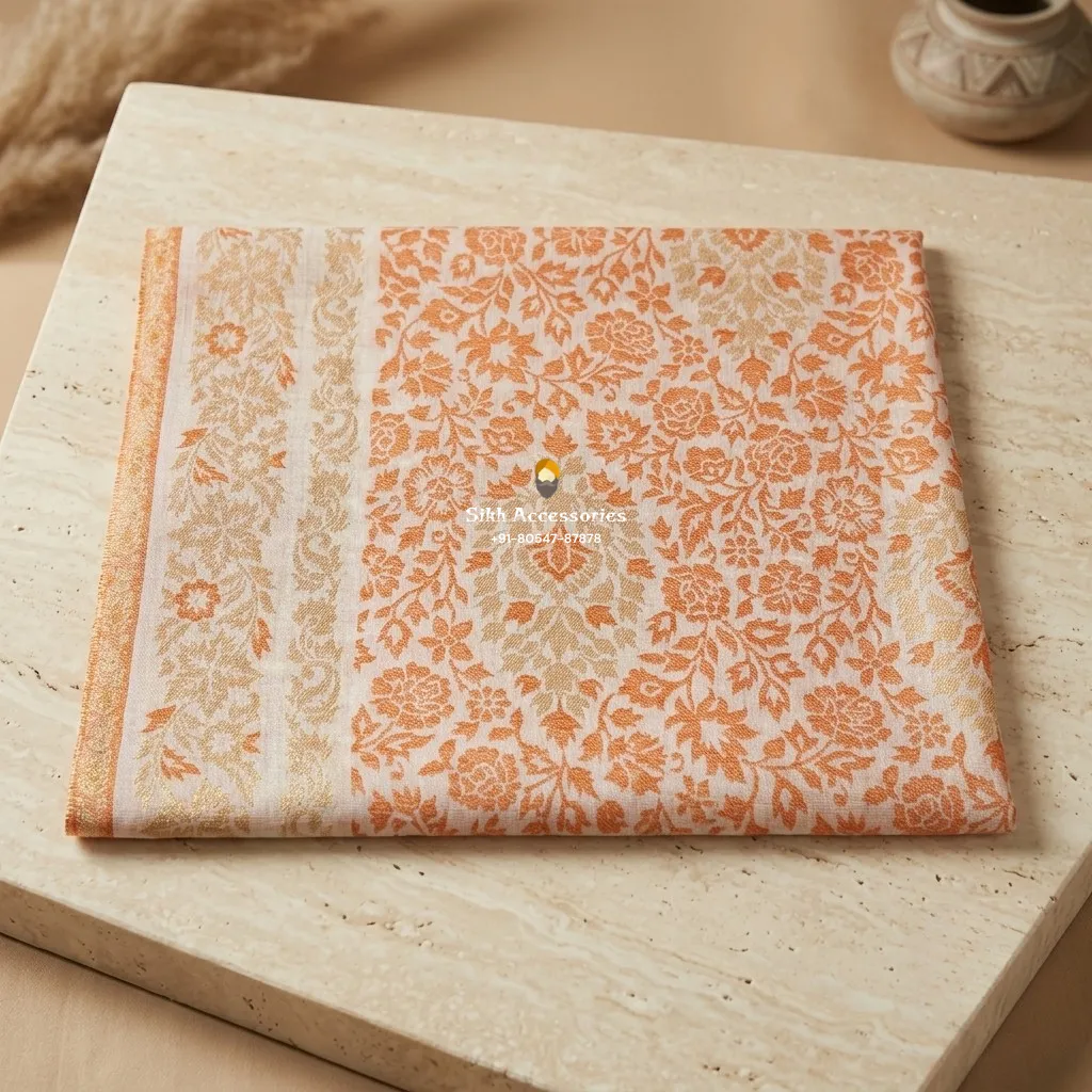 Off-White Pashmina Shawl with Peach & Gold Woven Floral Pattern
