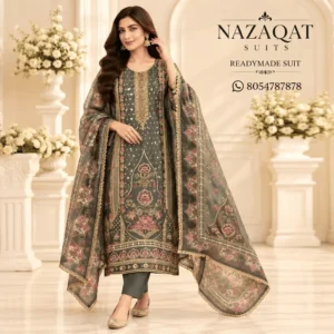 Olive Green Crepe Embroidered Readymade Straight Suit Set