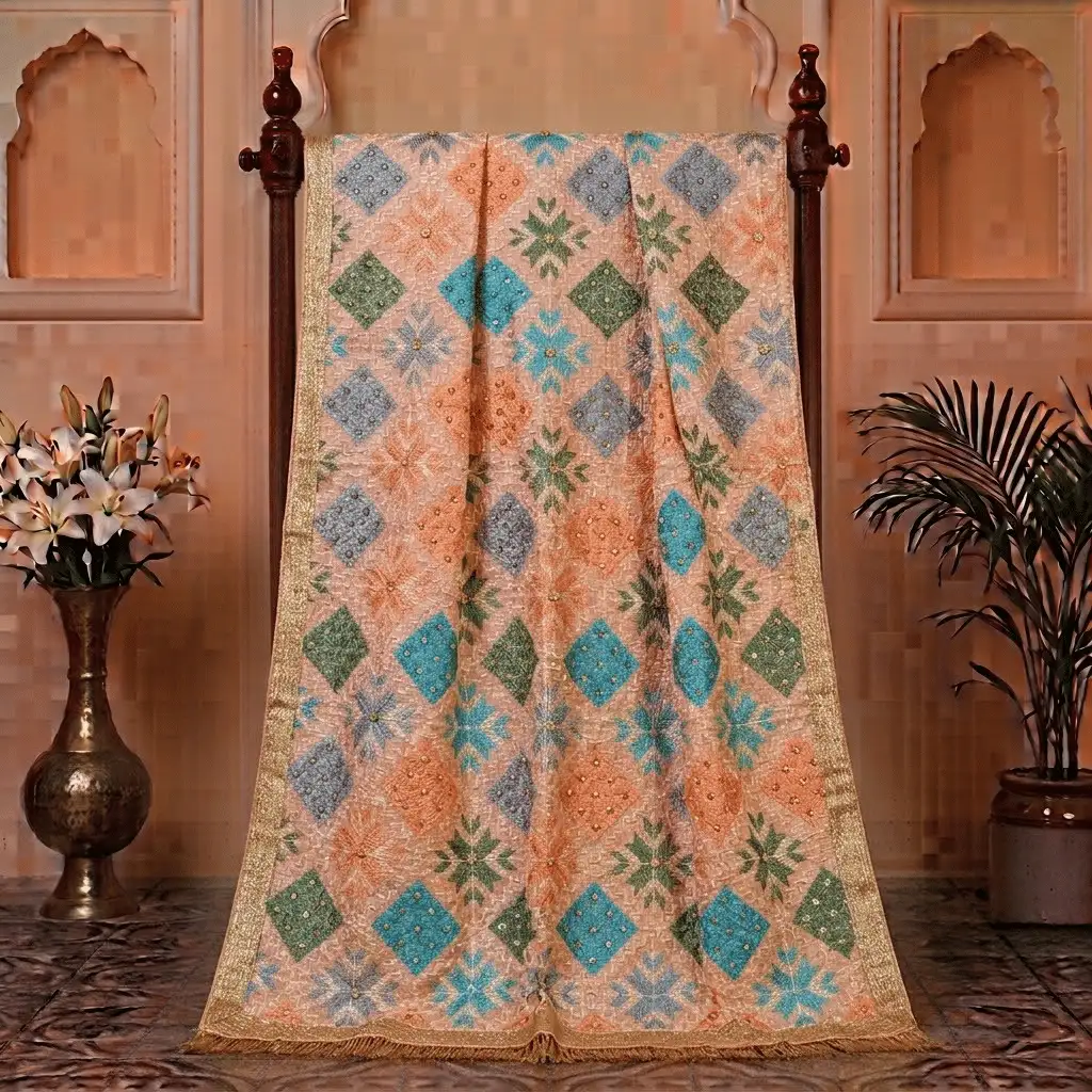 Peach & Blue Heavy Work Punjabi Wedding Bagh Phulkari