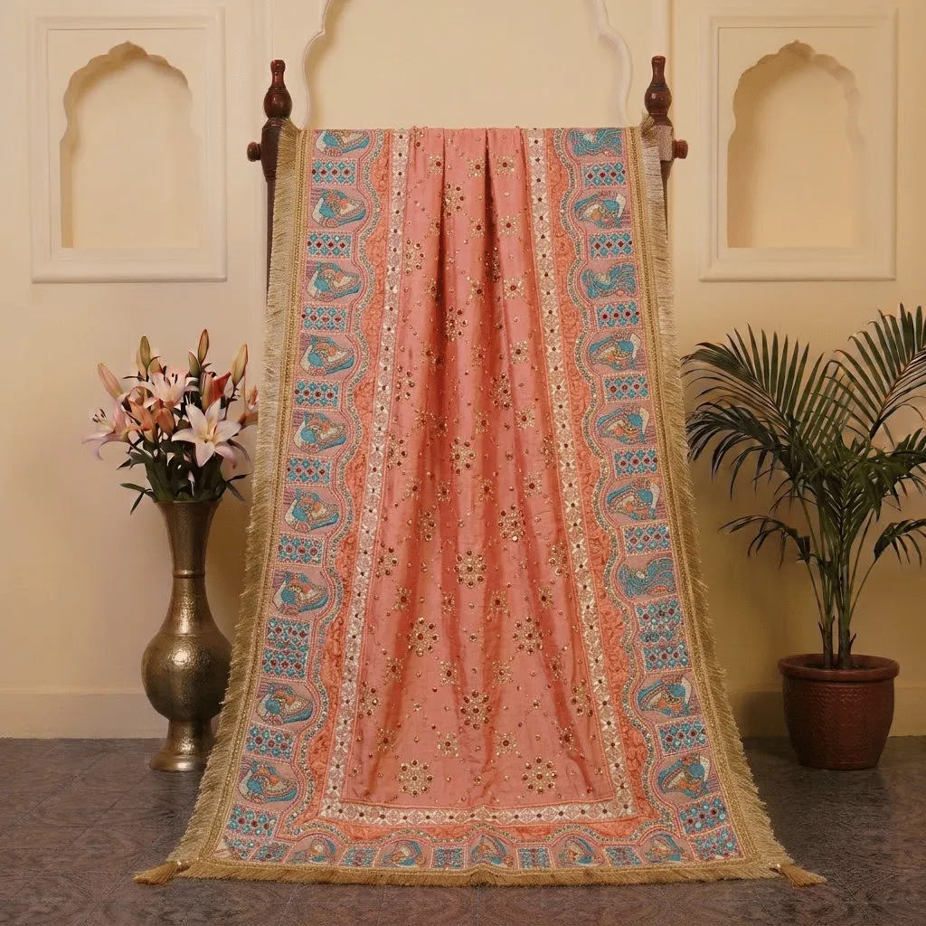 Peach & Blue Peacock Heavy Work Punjabi Wedding Phulkari Dupatta
